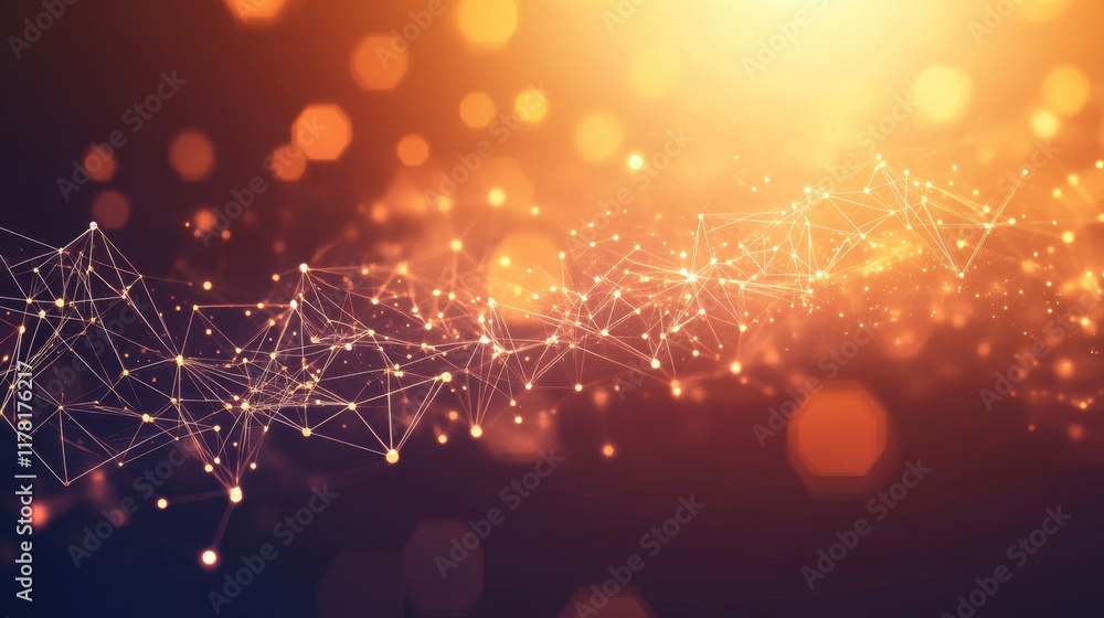 Poster abstract layered hexagons with a glowing effect, representing innovation and structure.