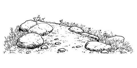 rocky path with scattered stones and grass, black hand-drawn illustration