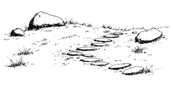 stone stepping path with scattered rocks and grass, black hand-drawn illustration