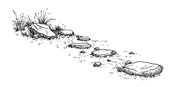 stone stepping path with grass, black hand-drawn illustration