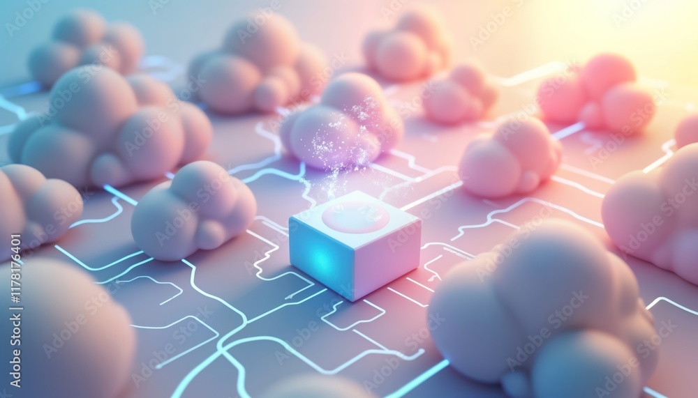 Aufkleber Abstract illustration of cloud computing. 3D cubes, glowing lines represent data transfer. Many light colored clouds symbolize data storage. Modern tech concept. Futuristic design. Abstract