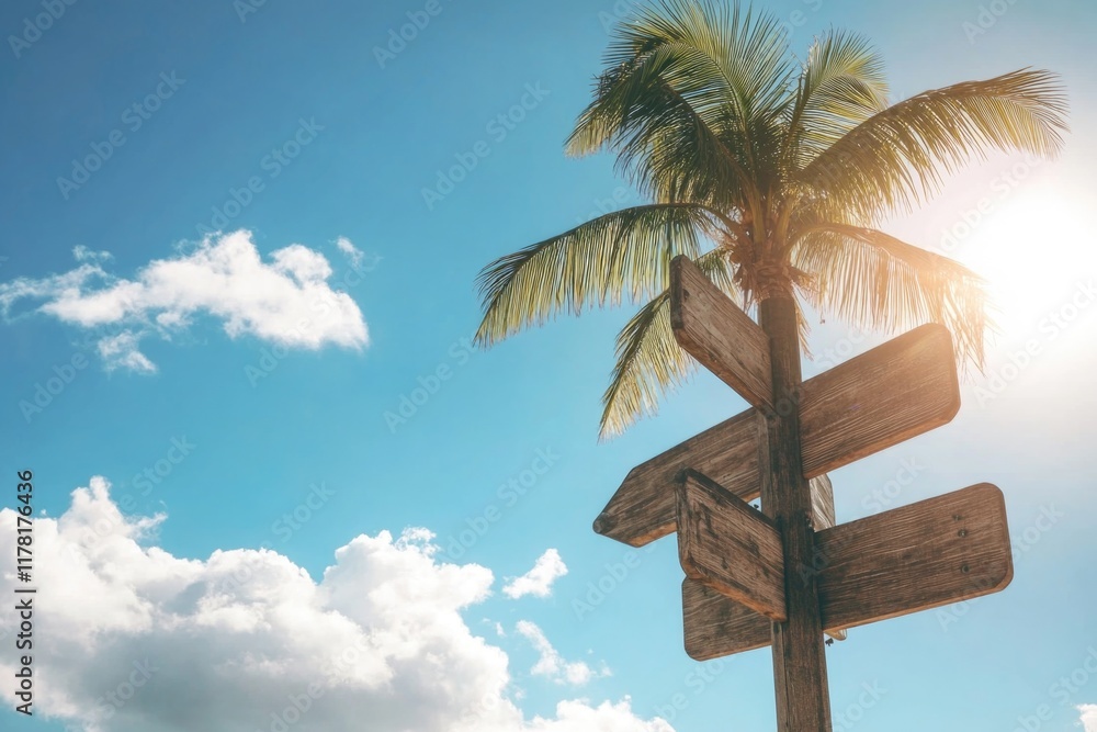 Poster a palm tree with a wooden sign featuring arrows pointing in multiple directions, suitable for use in