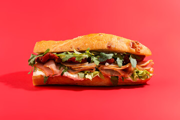 Baguette sandwich with ham and sun dried tomatoes on red background