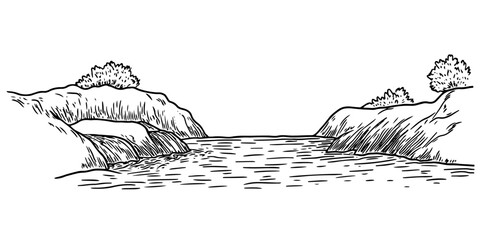 river flowing through cliffs with trees on top, hand drawn sketch © Kaz