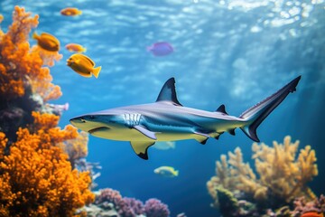 Naklejka premium A close-up view of a shark swimming in an aquarium surrounded by colorful corals