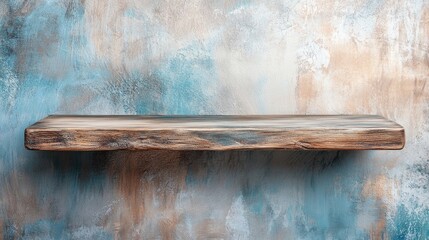 A distressed wooden shelf mounted on a textured, painted wall in a vintage-inspired space.