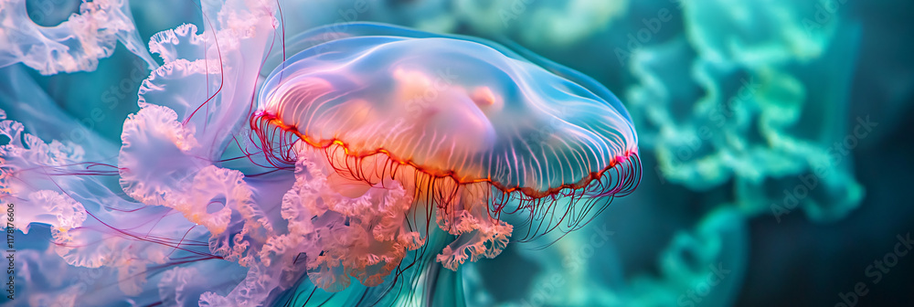 Poster a close-up of a vibrant jellyfish, its translucent body pulsating with colors against a backdrop of 