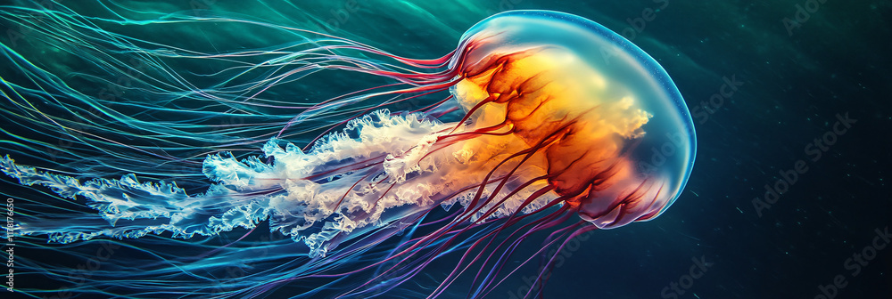 Poster a close-up of a vibrant jellyfish, its translucent body pulsating with colors against a backdrop of 