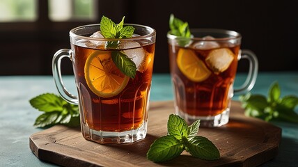 Traditional iced tea with lemon and mint