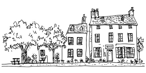 village street with houses, trees, and benches, hand drawn sketch