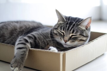 A domestic cat resting in a brown cardboard box on a floor, possibly at home