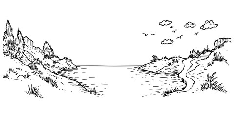 lake landscape illustration with trees, path, and hills in vintage sketch style