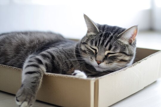 A domestic cat resting in a brown cardboard box on a floor, possibly at home - Powered by Adobe