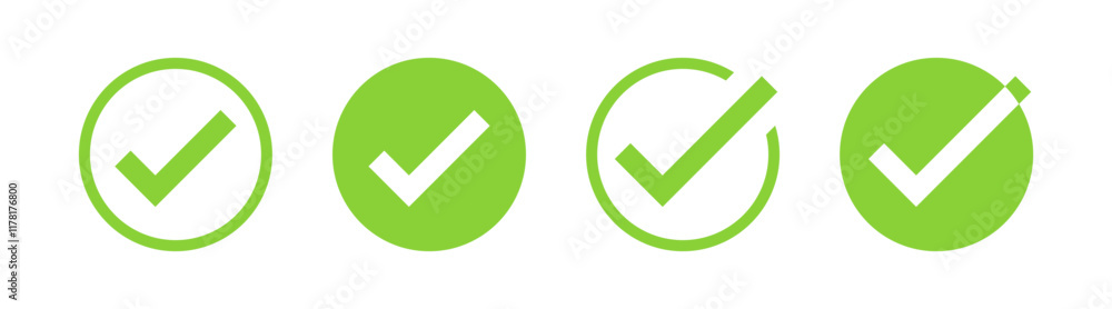 Poster check mark icon button set. check box icon with right or correct buttons and yes checkmark icons in green tick box - checkbox symbol sign. check mark box circle frame. vector illustration
