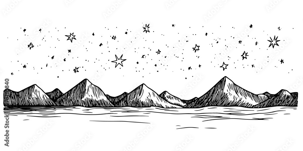 Wall mural mountain range under a starry night sky, black hand-drawn illustration