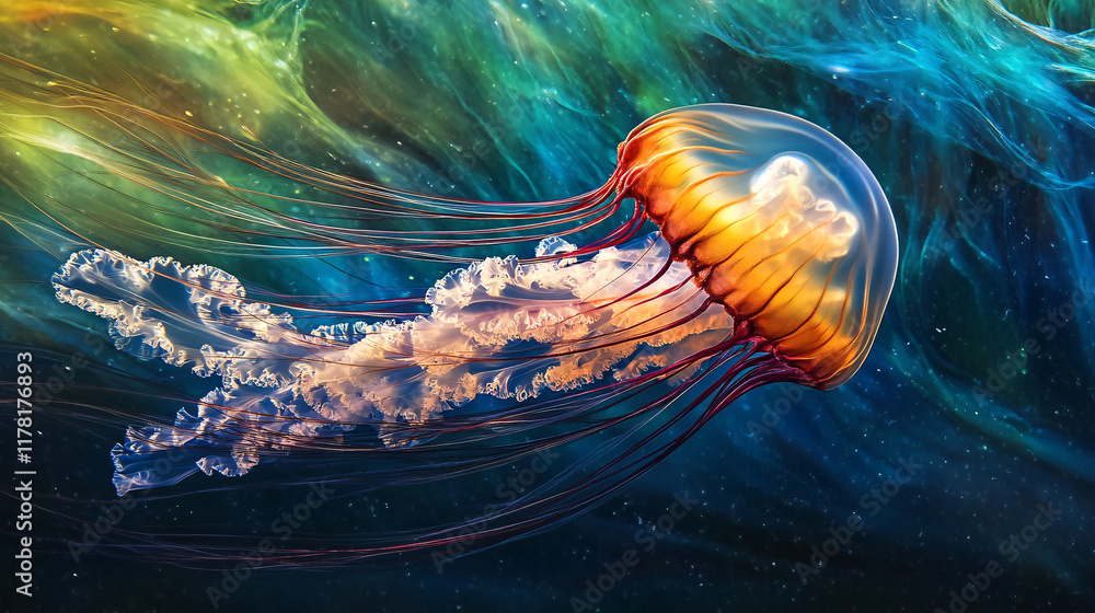 Poster a close-up of a vibrant jellyfish, its translucent body pulsating with colors against a backdrop of 