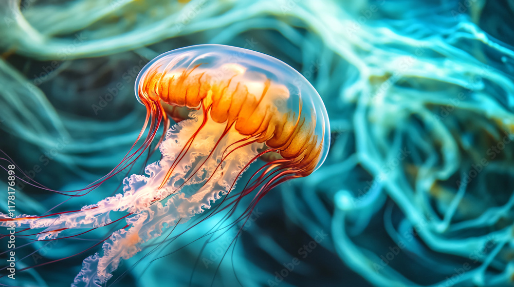 Poster a close-up of a vibrant jellyfish, its translucent body pulsating with colors against a backdrop of 
