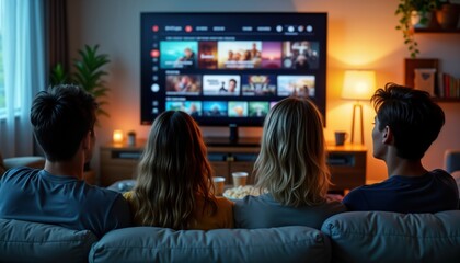 Friends gathered in living room watching movies on widescreen TV. Seated comfortably on couch. Enjoying entertainment together. Casual, cozy home environment. Streaming movies focus. Image great for