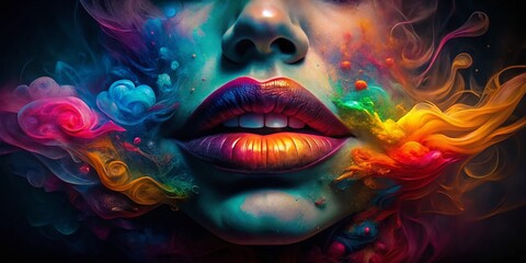 Naklejka premium Surreal Vibrant Colorful Smoke Lips Abstract Watercolor Low Light Art