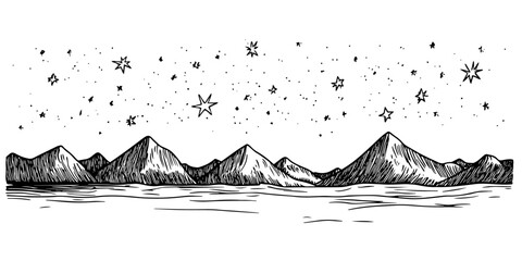 mountain range under a starry night sky, black hand-drawn illustration