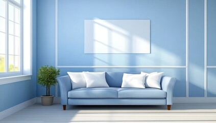 Blue living room with sofa, plant, and blank canvas.