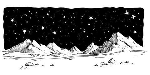 night mountain landscape with starry sky, black hand-drawn illustration © Kaz