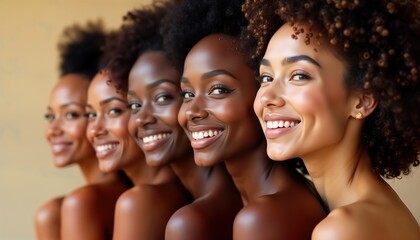 Fototapeta premium Diverse group of women with natural beauty. Models with smooth glowing skin. Portrait shows different ethnicities, happy, confident. Studio shot featuring beautiful faces, radiant skin. Natural