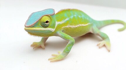 Fototapeta premium Close-up of a vibrant green and blue chameleon on a white background.