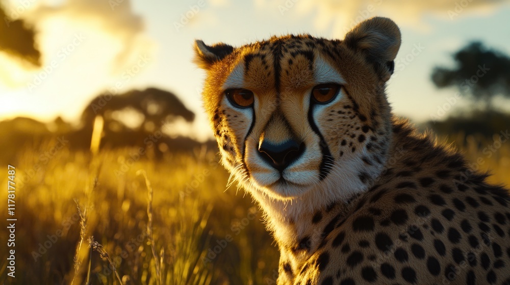 Poster a cheetah resting in a field of tall grass, one informative phrase about what pictured on image and 