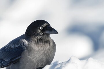 A black bird perches on top of a pile of snow, looking out at the winter landscape