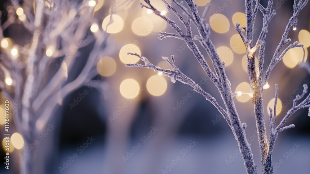 Poster close-up shot of a tree with decorative string lights shining from behind