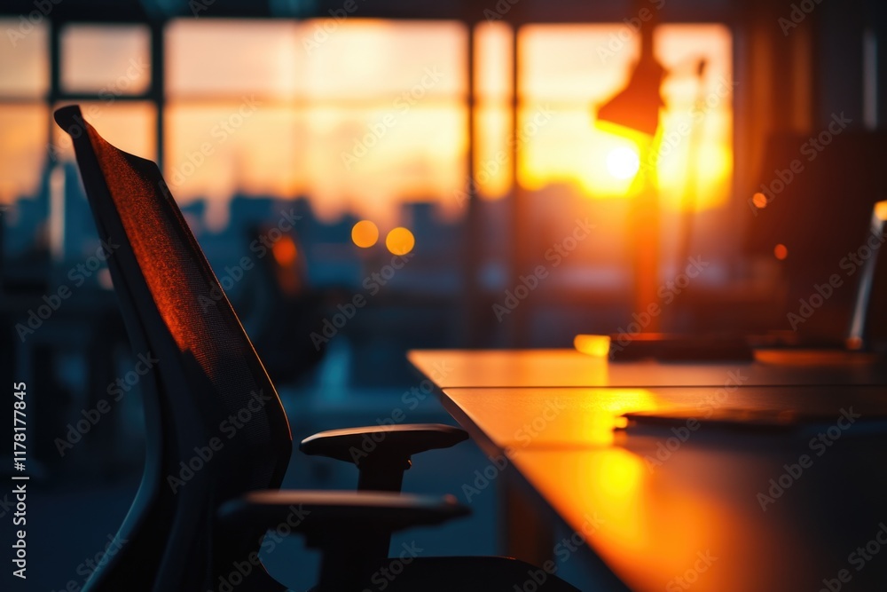 Poster a chair sits in front of a desk in a typical office setting, suitable for use as a background or pro