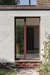 Modern architectural design featuring an inviting entrance to a minimalist home surrounded by greenery in a tranquil outdoor setting