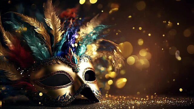 Golden carnival mask with colorful feather on dark background and beautiful bokeh lights. Slow motion video animation