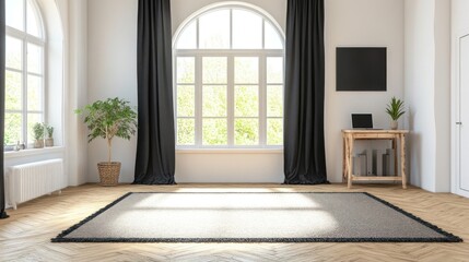 Obraz premium Bright minimalist room with arched window, rug, and laptop.