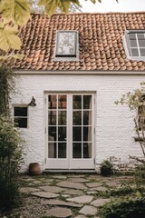 Obraz premium A delightful white cottage featuring a picturesque red-tiled roof sits nestled amidst lush greenery, complemented by a welcoming garden pathway, all bathed in warm sunlight on a beautiful day