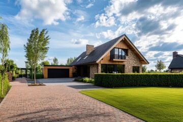 Fototapeta premium A contemporary brick house stands proudly amidst charming landscaping, all under a bright, clear blue sky in a tranquil suburban neighborhood during a beautiful afternoon