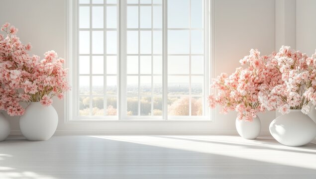 Bright room with large window, pink flowers in white vases.