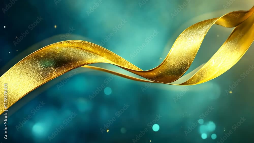 Aufkleber golden ribbon gracefully floats amidst sparkling particles in an enchanting display, ethereal golden