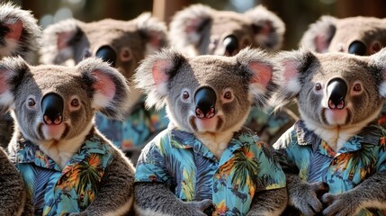 A group of adorable koalas dressed up in colorful Hawaiian shirts, perfect for a fun and quirky illustration or design