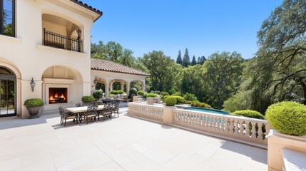 Fototapeta premium Elegant outdoor patio with pool and lush greenery backdrop.