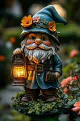 Artistic garden gnome holding a lantern and flowers, set in vibrant garden surroundings