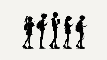 Fototapeta premium A striking black and white vector illustration depicting silhouettes of teen girls and boys carrying books and backpacks.