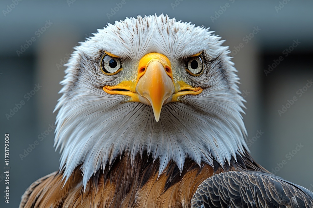 Poster a close-up view of a bird's face with sharp features and piercing gaze