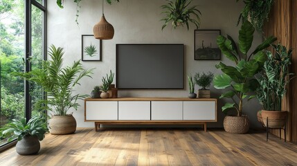 A modern living room featuring a TV, stylish furniture, and lush greenery, creating a cozy, inviting atmosphere with natural light.