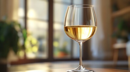 Elegant glass of white wine on a wooden table with a bright background in a cozy setting. Generative AI