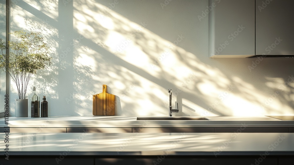 Aufkleber sunlight filters through kitchen window creating beautiful shadows on countertop and decor items. ge
