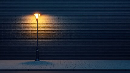 Vintage street lamp illuminates brick wall in a quiet evening setting. Generative AI