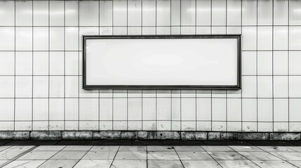 A blank subway billboard stands ready for ads, showcasing clean lines on a modern tiled wall in an urban setting.