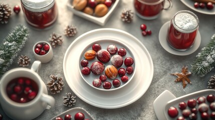 Festive holiday table setting with delicious pastries, cranberries, and warm beverages during winter. Generative AI